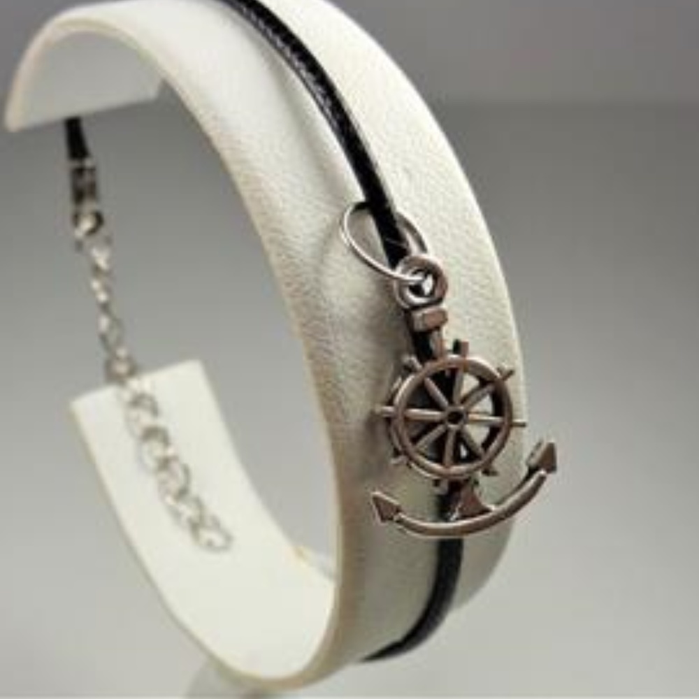 NAUTICAL SHIPS WHEEL ANCHOR BLACK LEATHER BRACELET